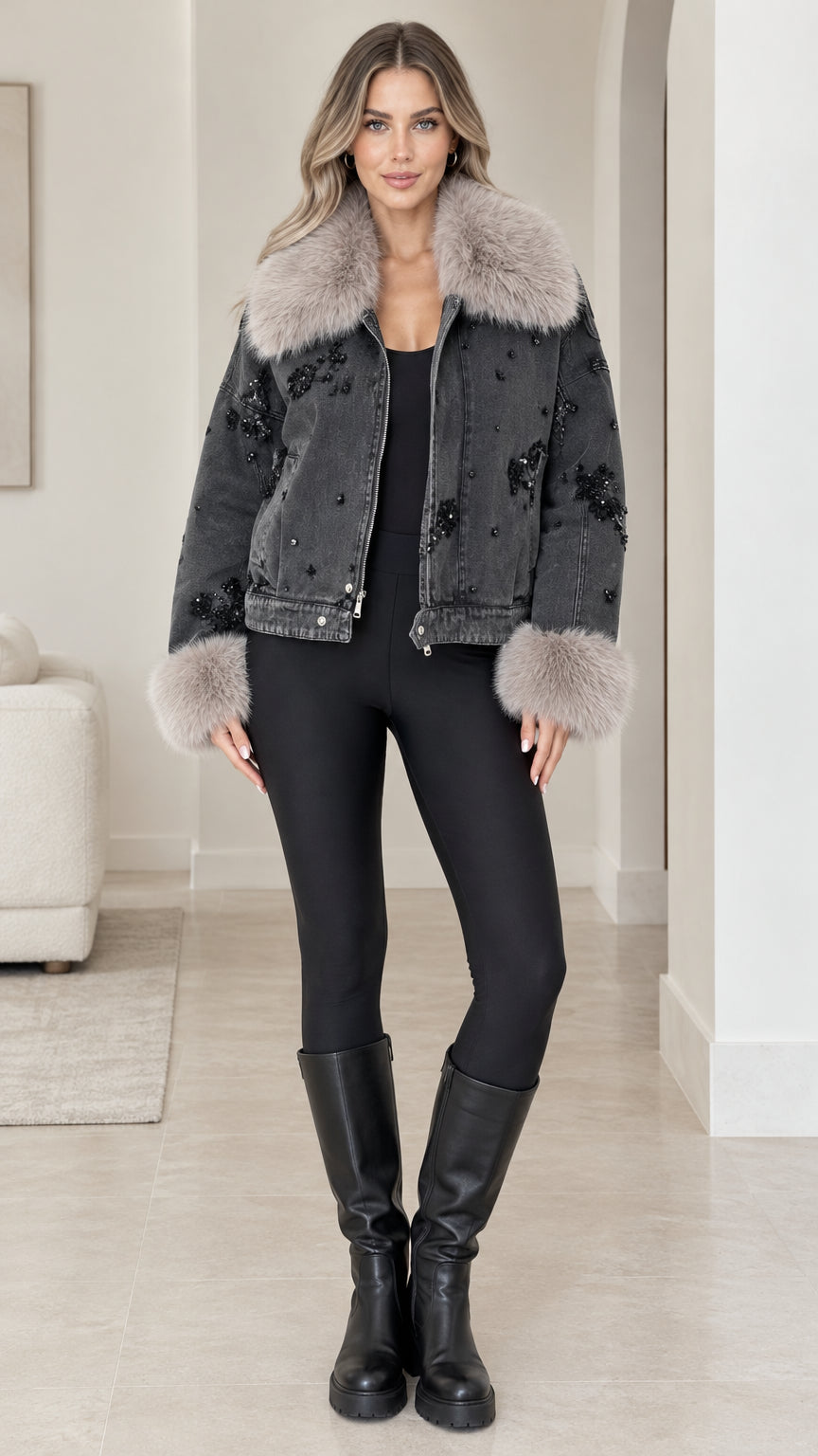 Front view of model wearing Washed Black embellished denim jacket with plush faux fur collar and cuffs