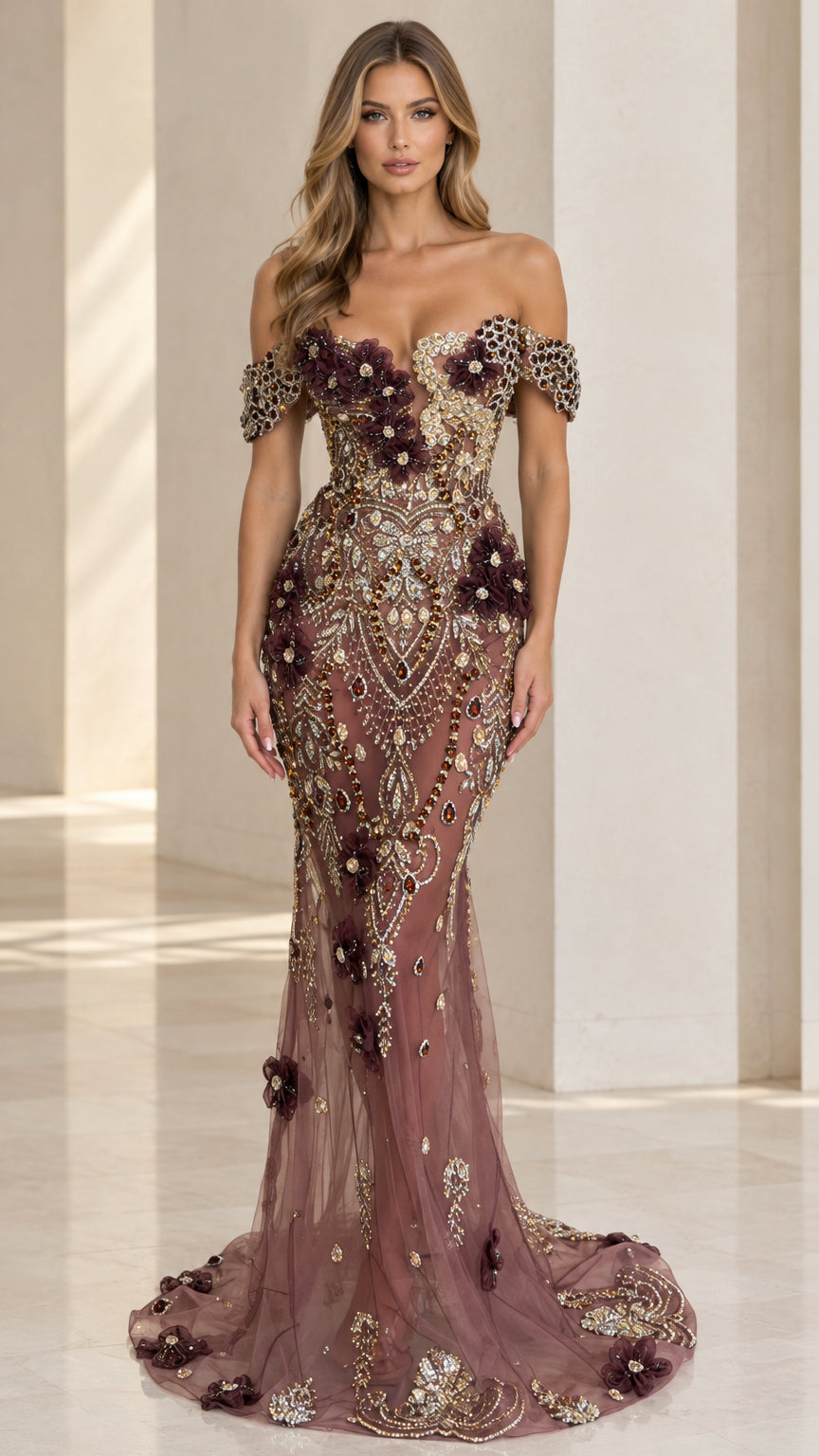 Front view of model wearing dusty mauve embroidered off-the-shoulder mermaid evening gown