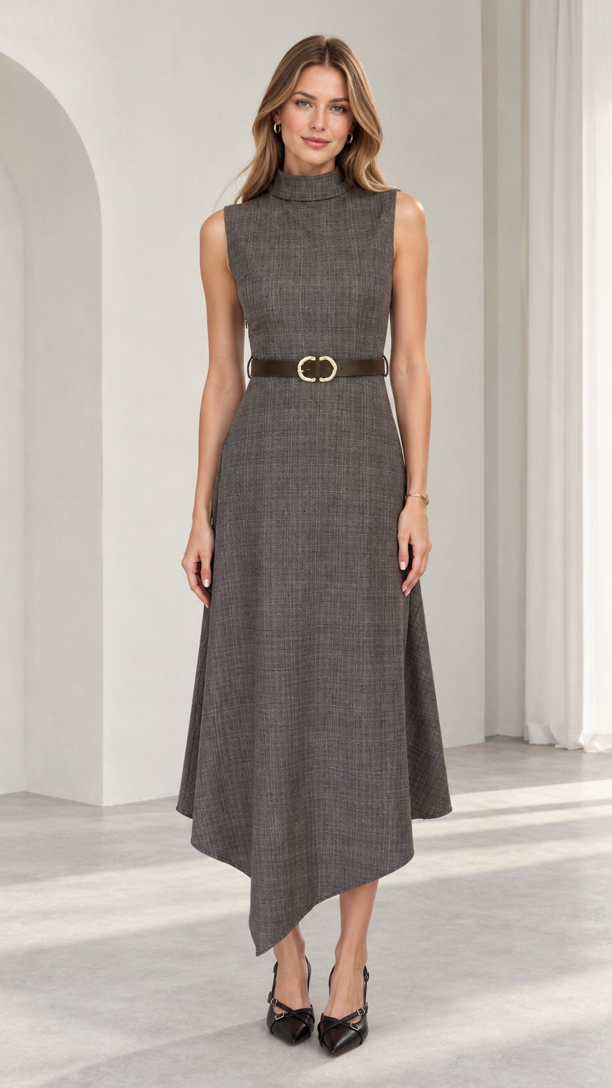 Front view of model wearing charcoal grey sleeveless mock neck midi dress with asymmetrical hem and belt