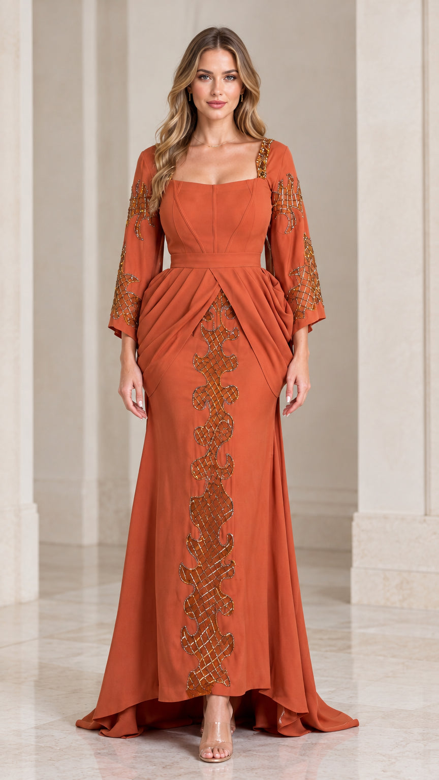 Front full-length view of model wearing rust orange beaded square neck evening gown