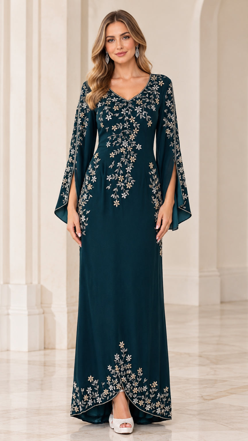 Full front view of model wearing Dark Teal embroidered V-neck split sleeve evening gown