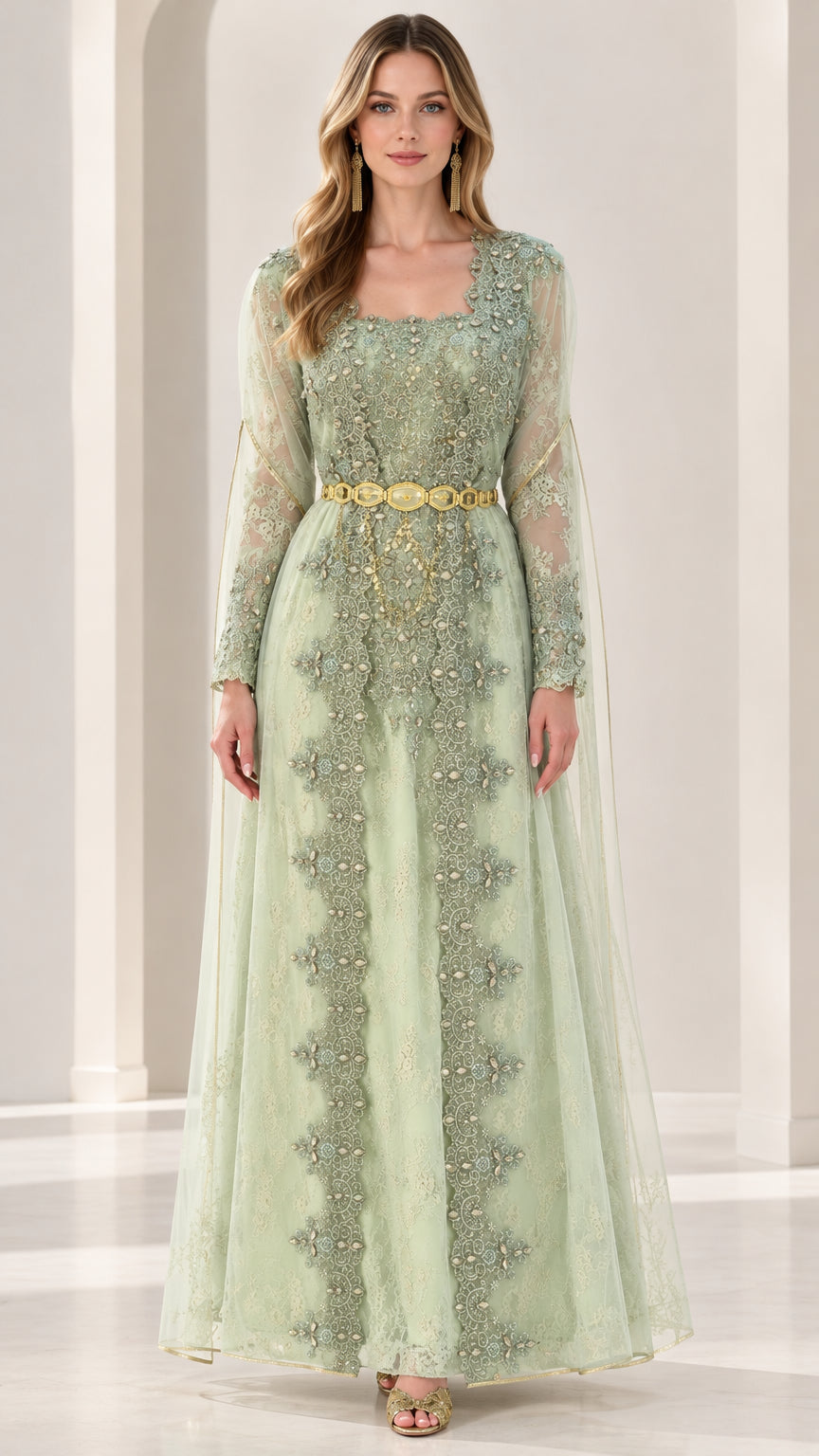 Full front view of sage green embroidered lace evening gown with cape sleeves and gold belt
