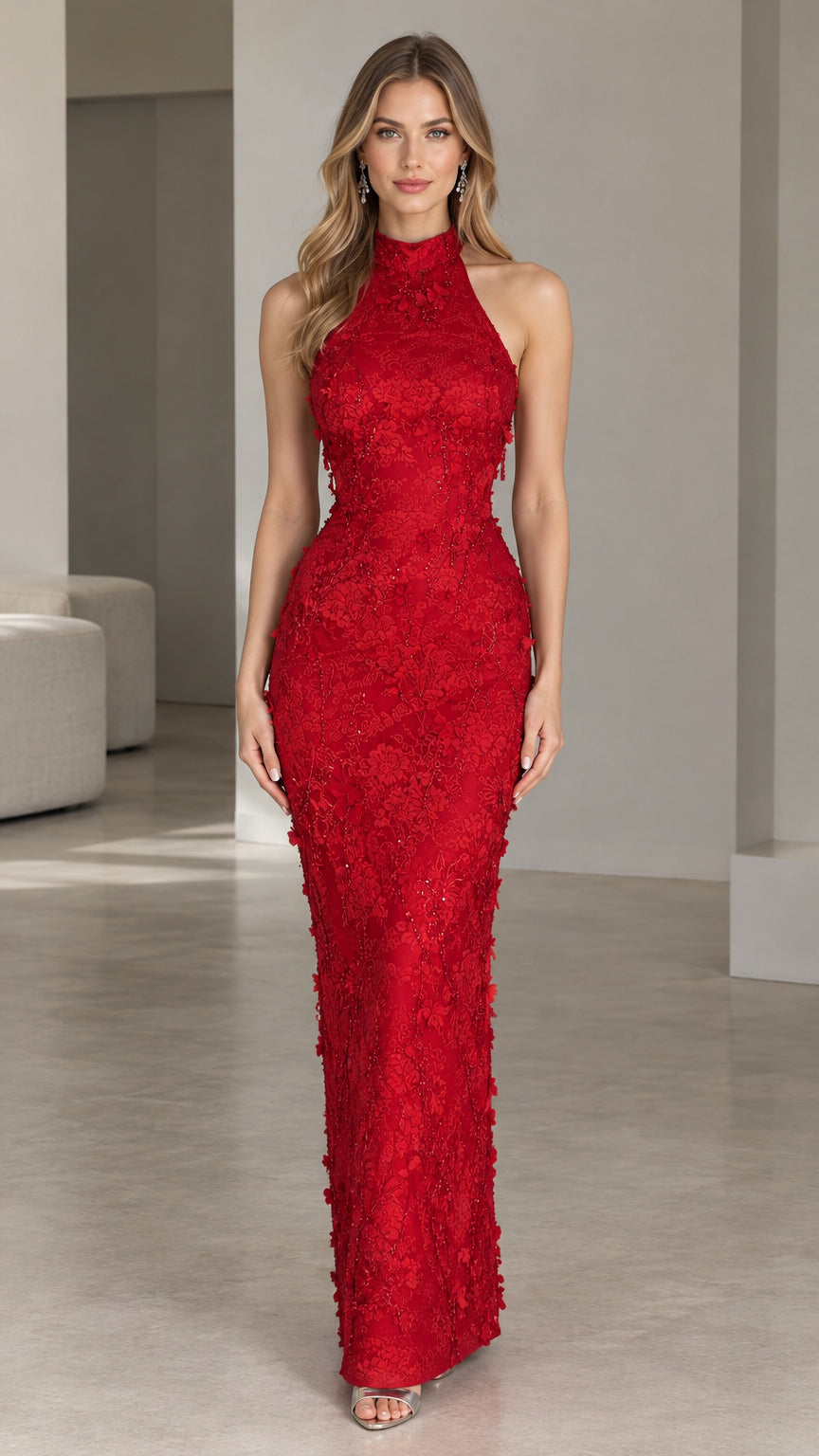 Front view of model wearing red high-neck floral lace maxi evening gown