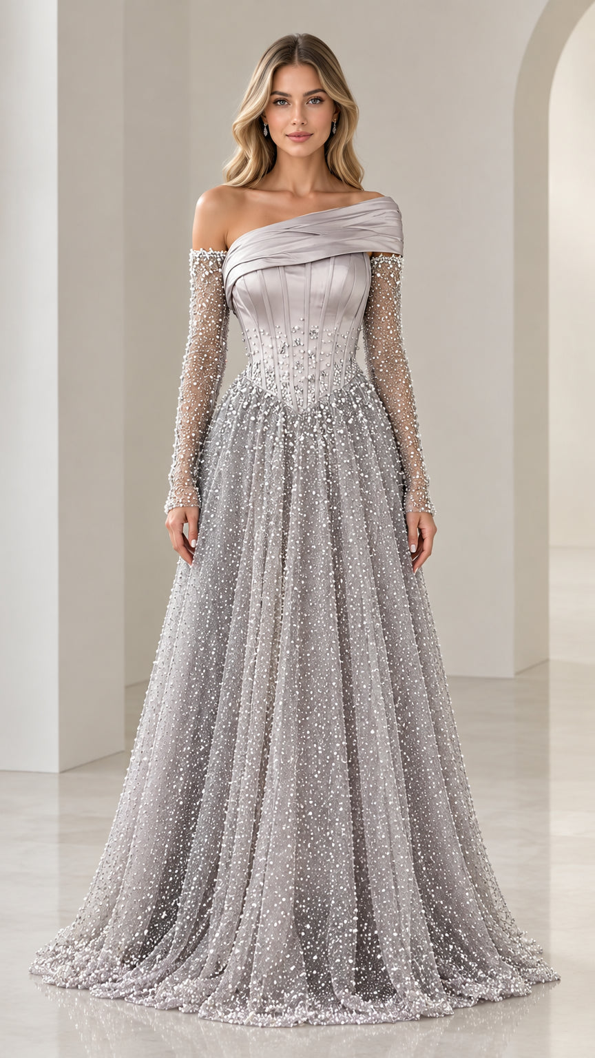 Front view of silver grey asymmetrical off-the-shoulder beaded evening gown