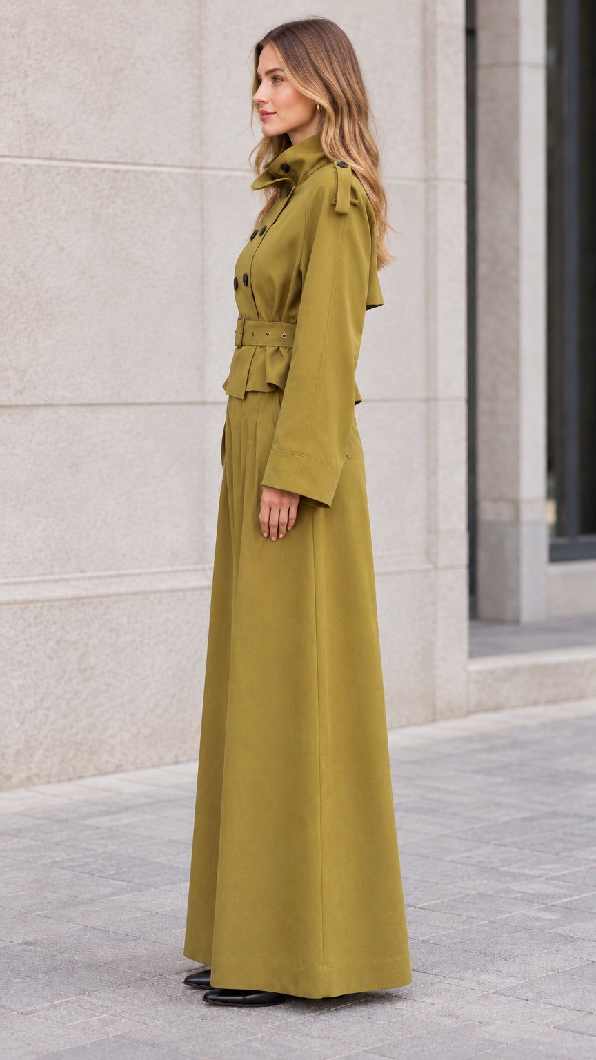 Side profile view of woman wearing olive green belted trench jacket and wide-leg trousers
