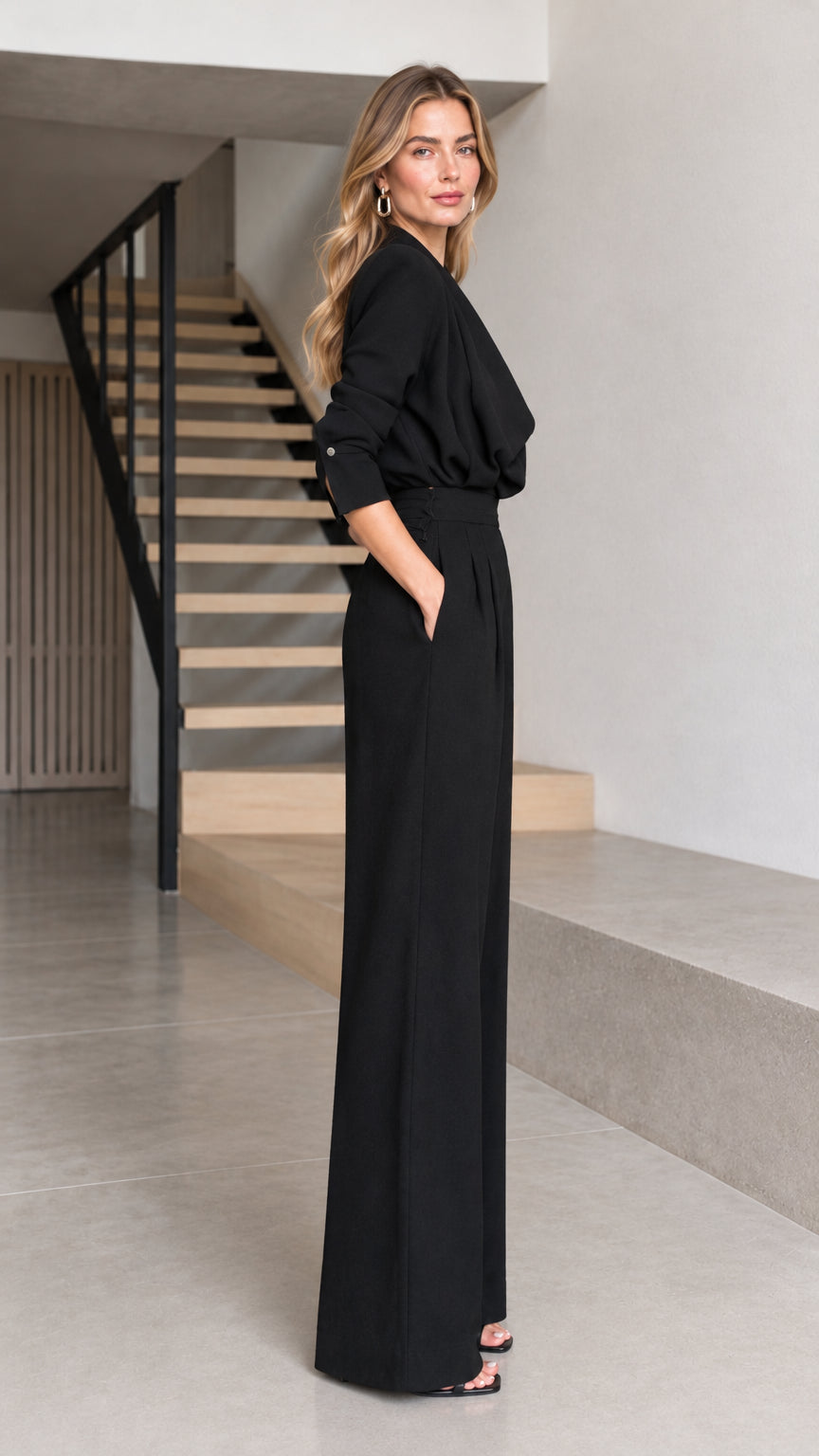 Side full view of woman wearing black wide-leg jumpsuit with side pockets