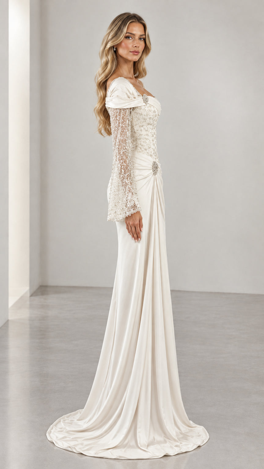 Side profile of ivory beaded evening dress with flare sleeves and sweeping train