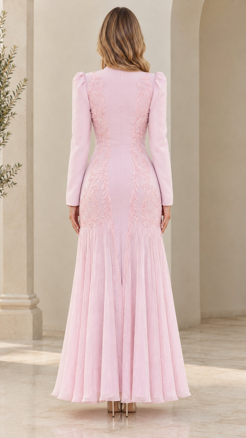 Back full-length view of light pink long sleeve formal evening dress