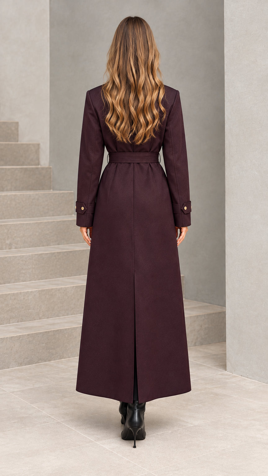 Back view of woman wearing burgundy tailored maxi trench coat