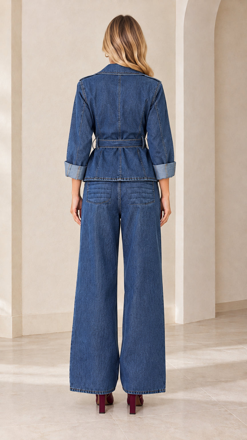 Back view of model wearing Classic Blue belted denim two-piece suit