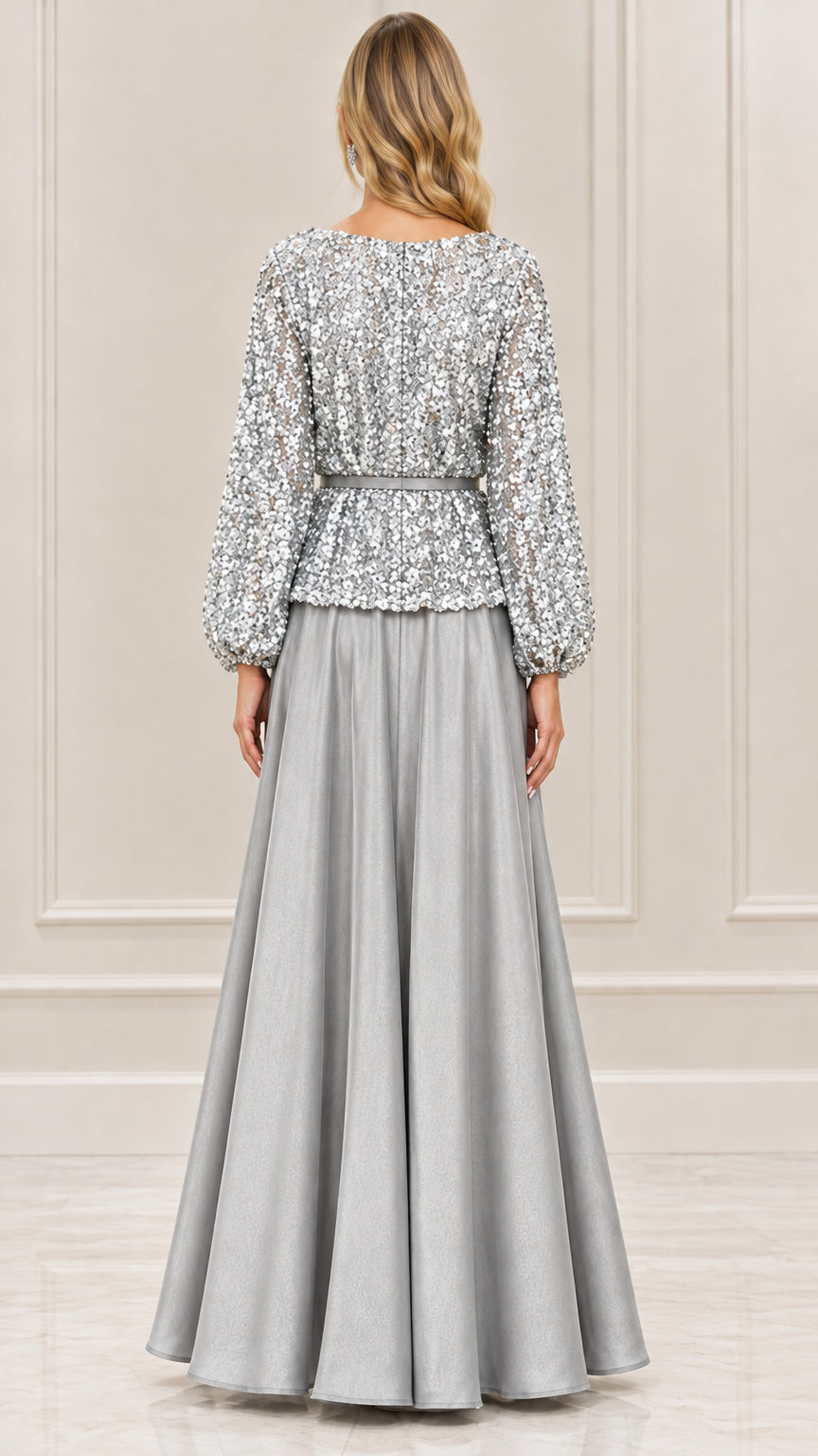Back view of silver sequin long sleeve formal evening gown