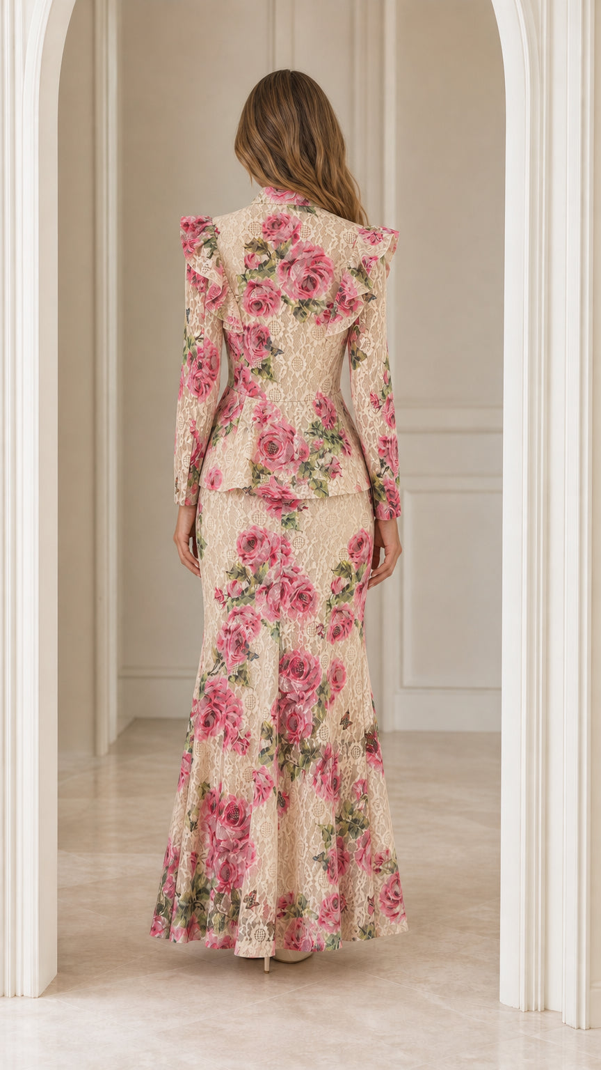 Back view of woman wearing beige floral lace two-piece set
