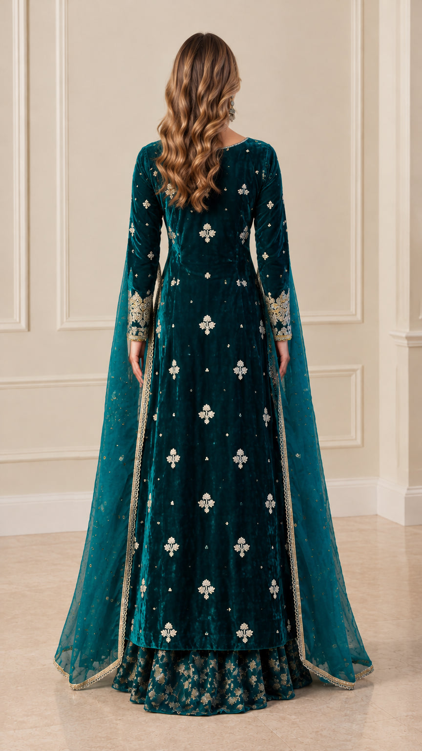 Back view of model wearing Teal embroidered velvet suit with matching dupatta