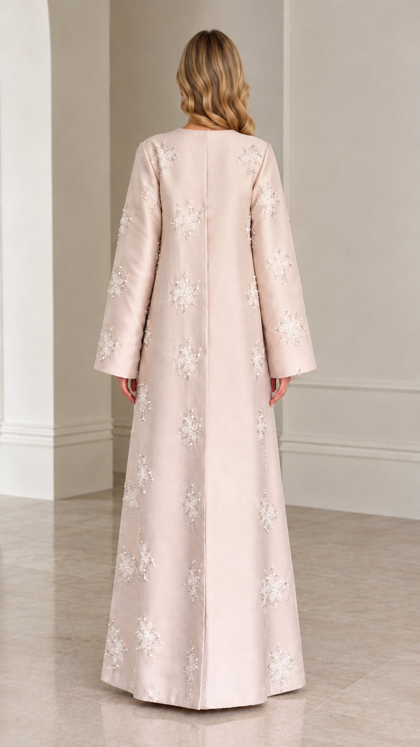 Back view of Champagne structured modest maxi dress with floral beadwork