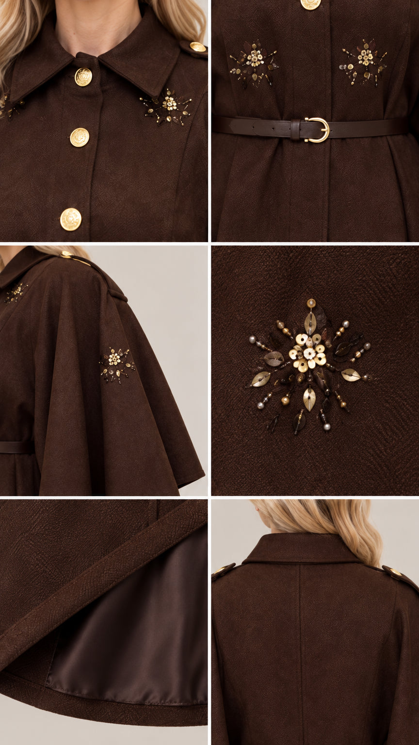 Detailed close-ups of collar, metallic buttons, waist belt, lining, and beaded star accents