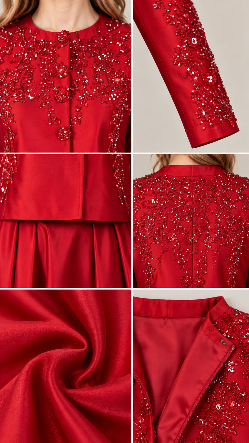 Close-up details of intricate beading, sleeve embroidery, and satin fabric texture in red