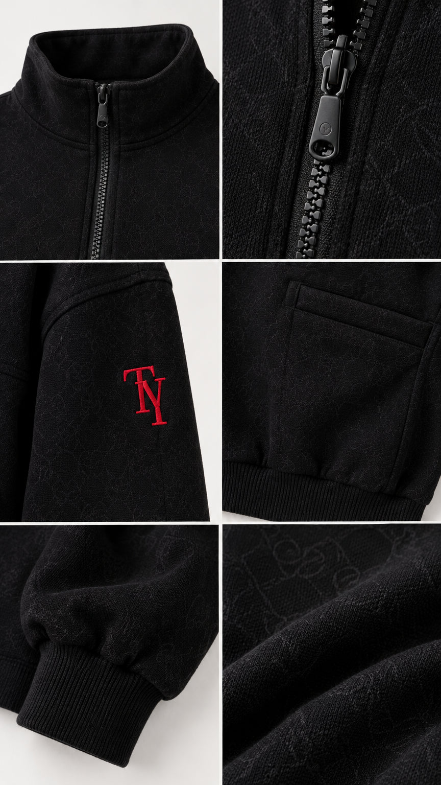Detailed close-ups of half-zip collar, sleeve embroidery, pocket, and ribbed cuff texture