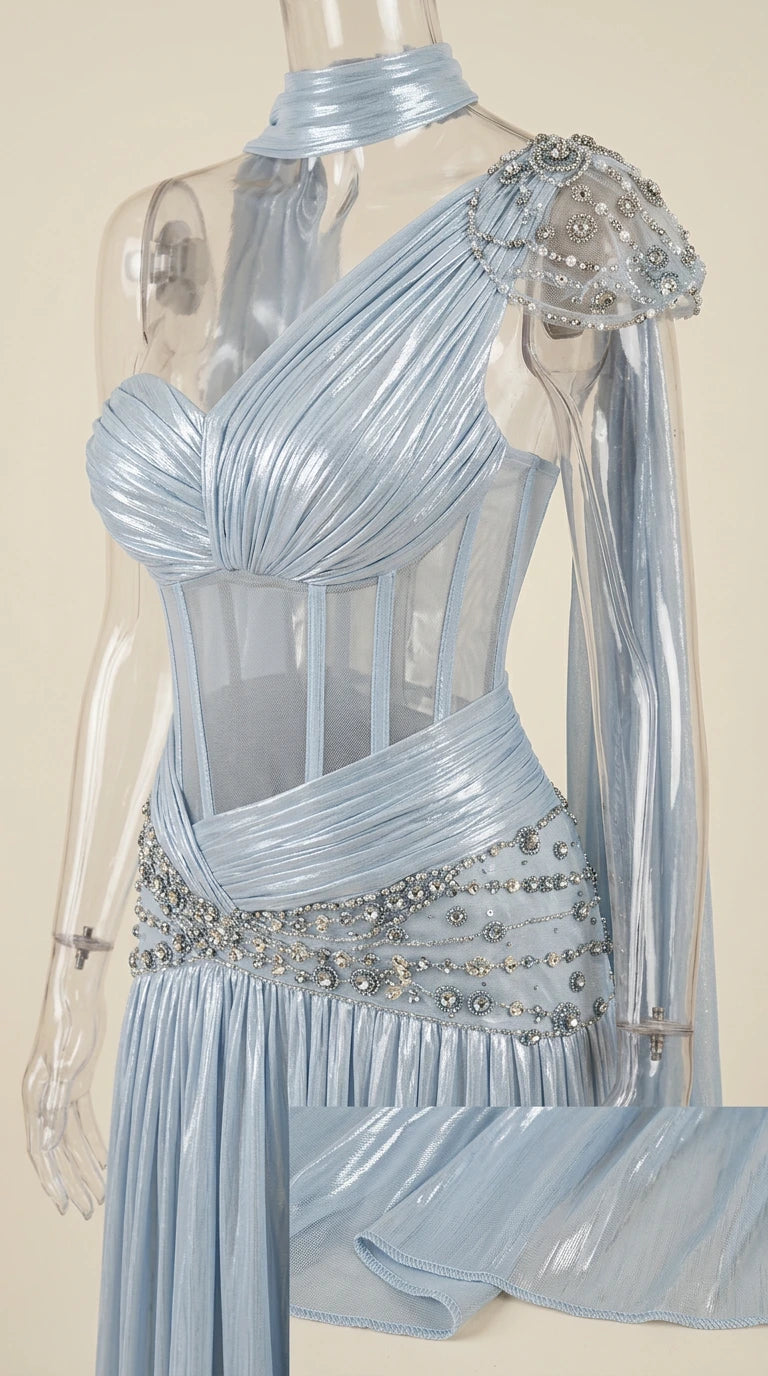 Close-up detail of mannequin displaying Ice Blue sheer corset bodice and rhinestone shoulder trim