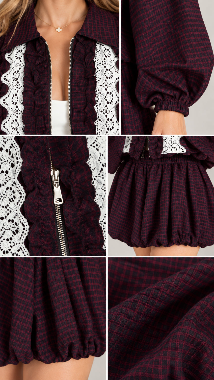 Detailed close-up views of Burgundy jacket zipper, white lace trim, and gathered bubble hem