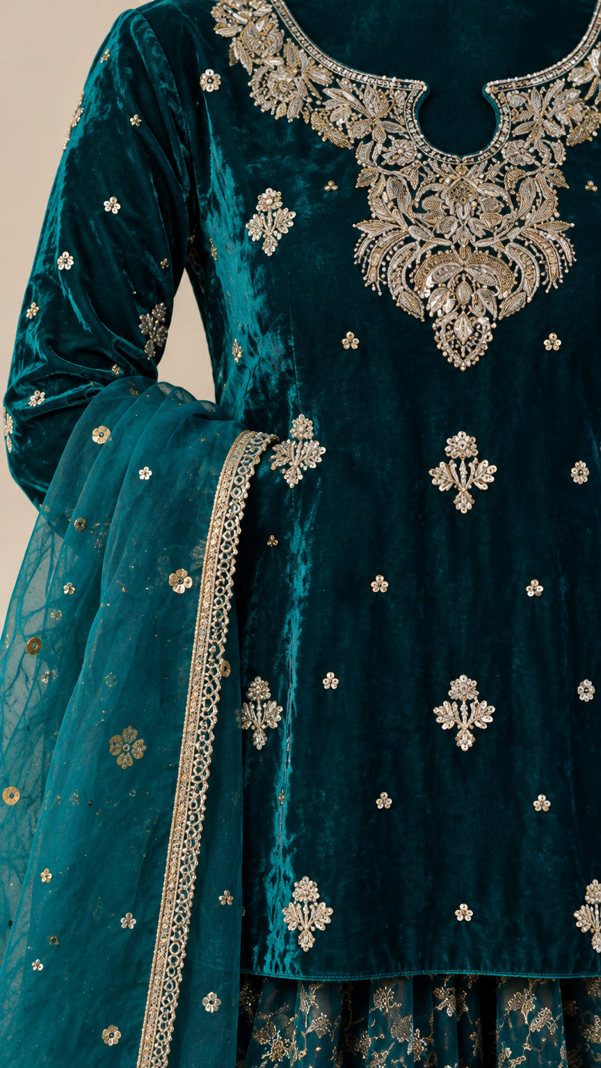 Close-up detail of ornate gold-tone embroidery on Teal velvet neckline and sleeve