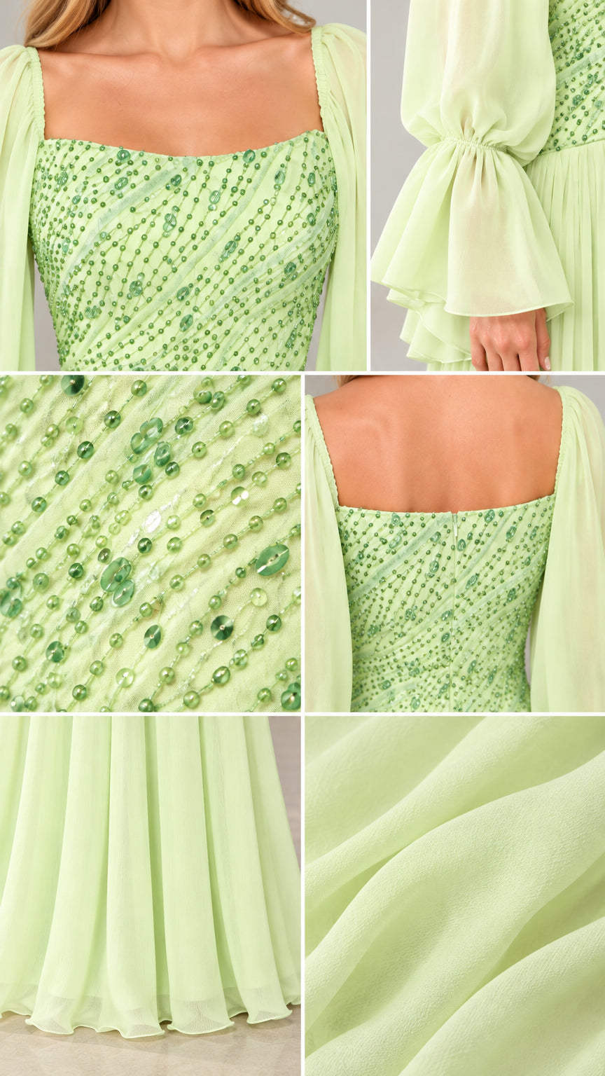 Close-up detail collage showing beaded bodice texture, neckline, and chiffon fabric