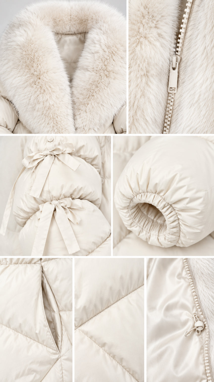 Detailed close-ups of faux fur collar, zipper, sleeve bows, elastic cuff, and pockets