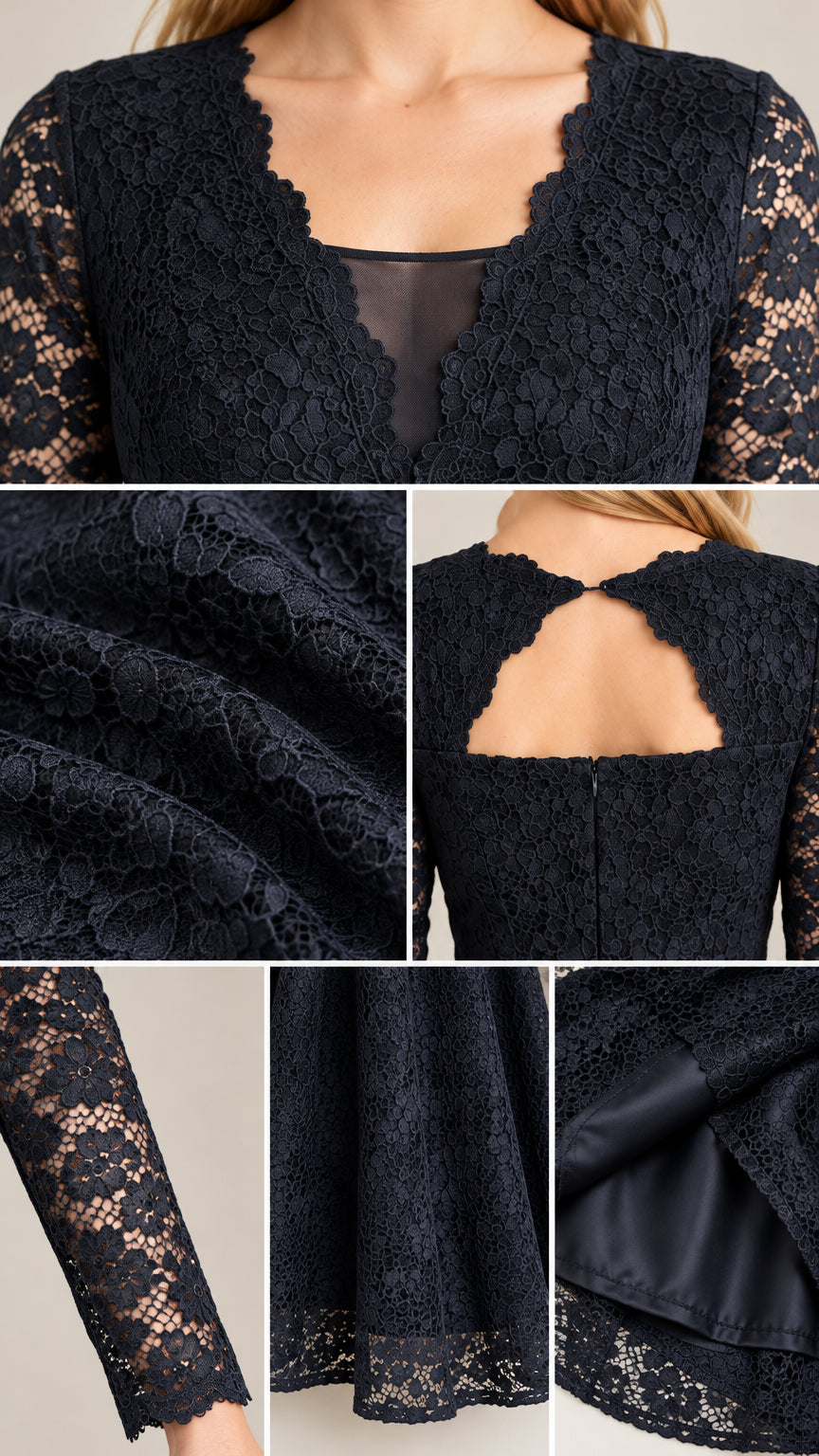 Close-up details of Navy Blue lace bodice, sheer illusion neckline, and back keyhole