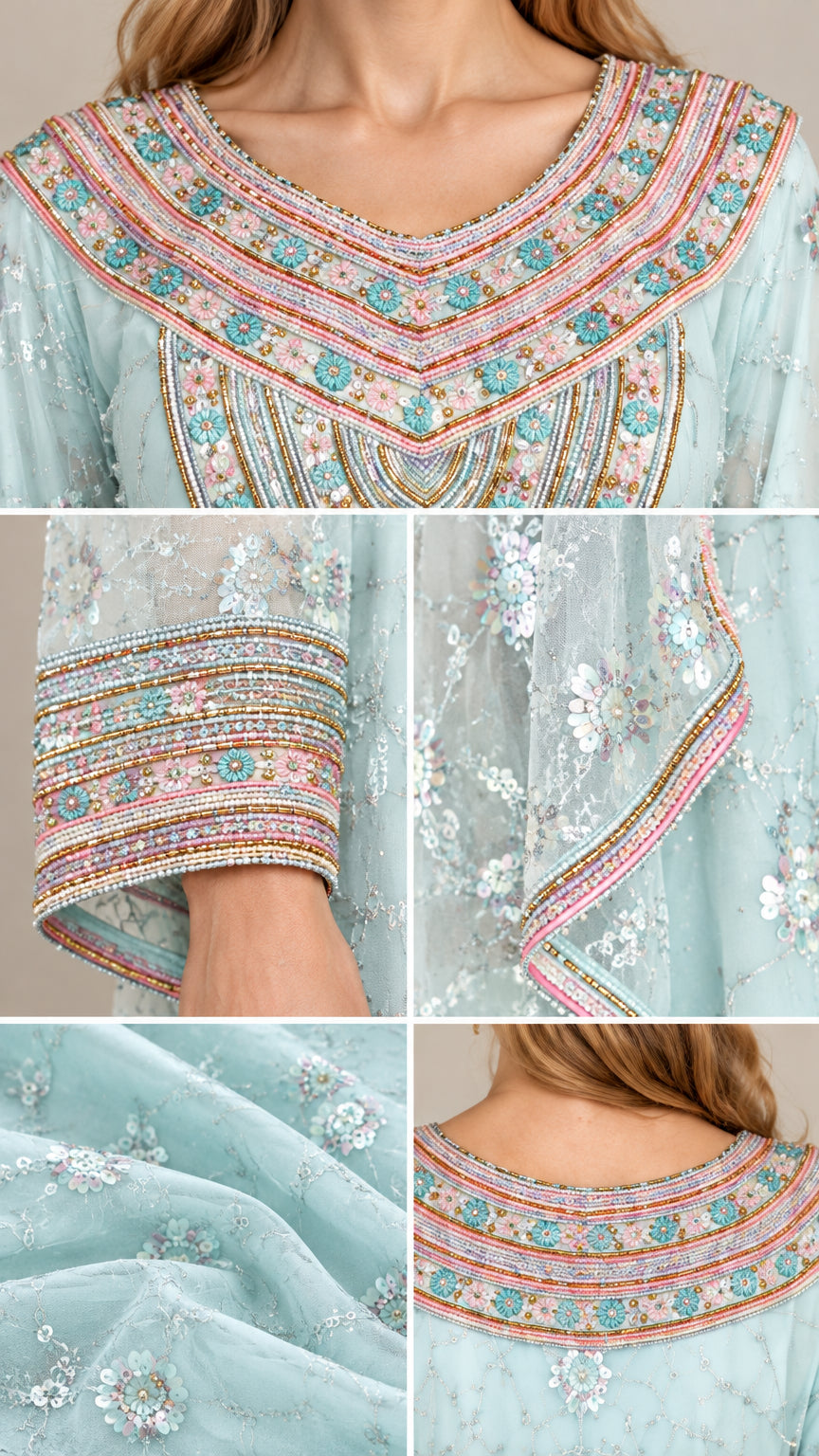 Detailed close-up of colorful neckline embroidery, beaded sleeve trim, and sequined fabric