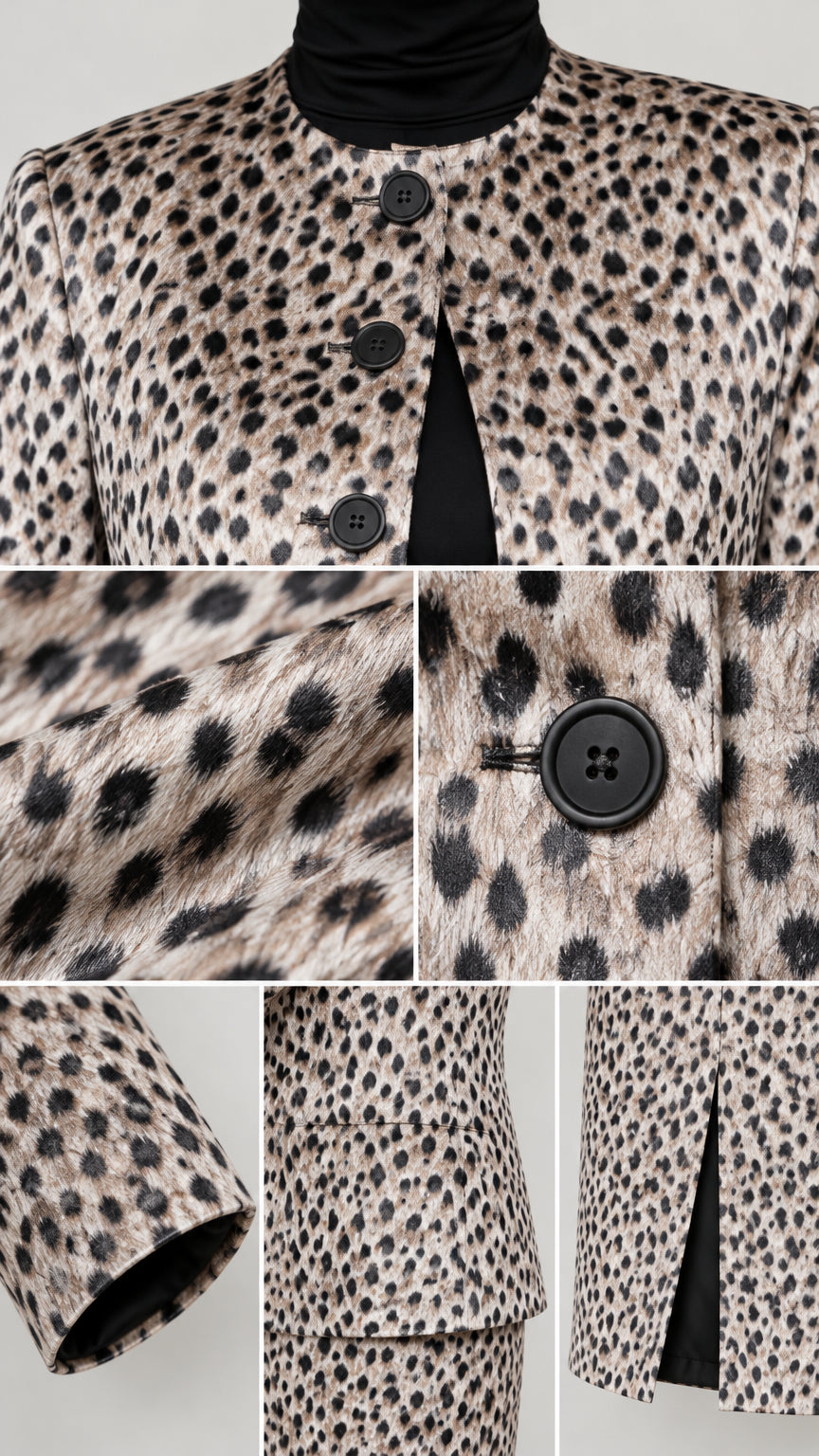 Detailed close-up of textured leopard fabric, round collar, button closure, and hem lining
