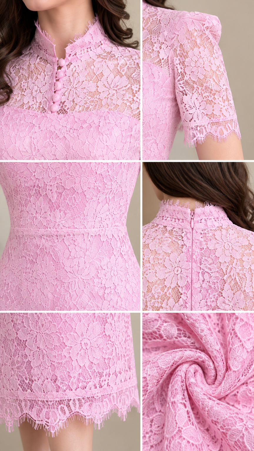 Close-up details of neckline, sleeve, and scalloped hemline on pink lace dress