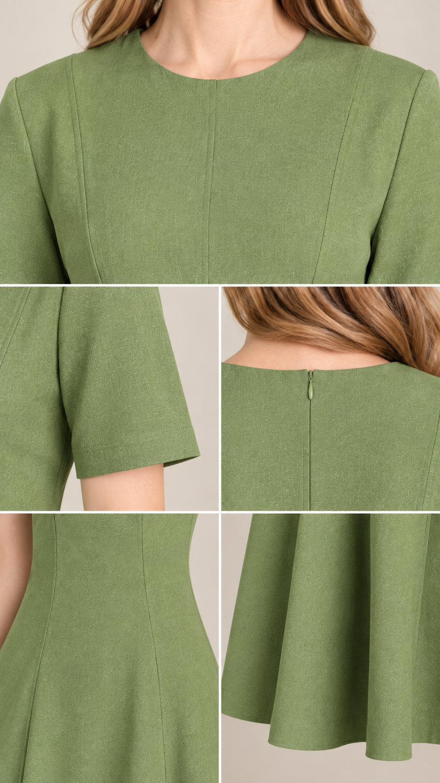 Close-up details of neckline, sleeve, back zip, and hem stitching on sage green dress