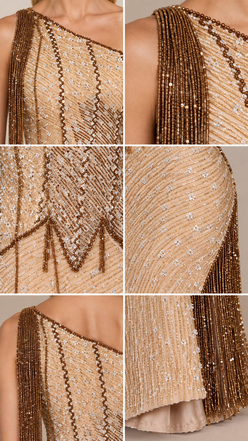 Close-up details of intricate beading, shoulder fringe, and lining craftsmanship
