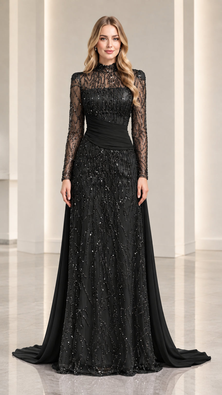 Black long-sleeve sequined formal gown with ruched waistband and cape drape