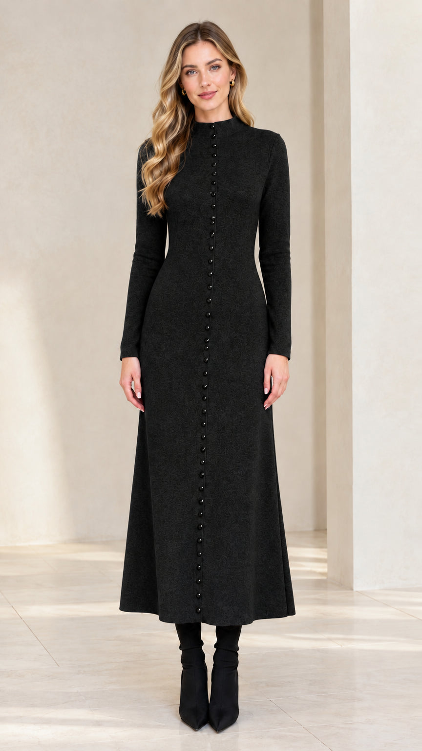 Model wearing Black mock neck long sleeve button down maxi dress