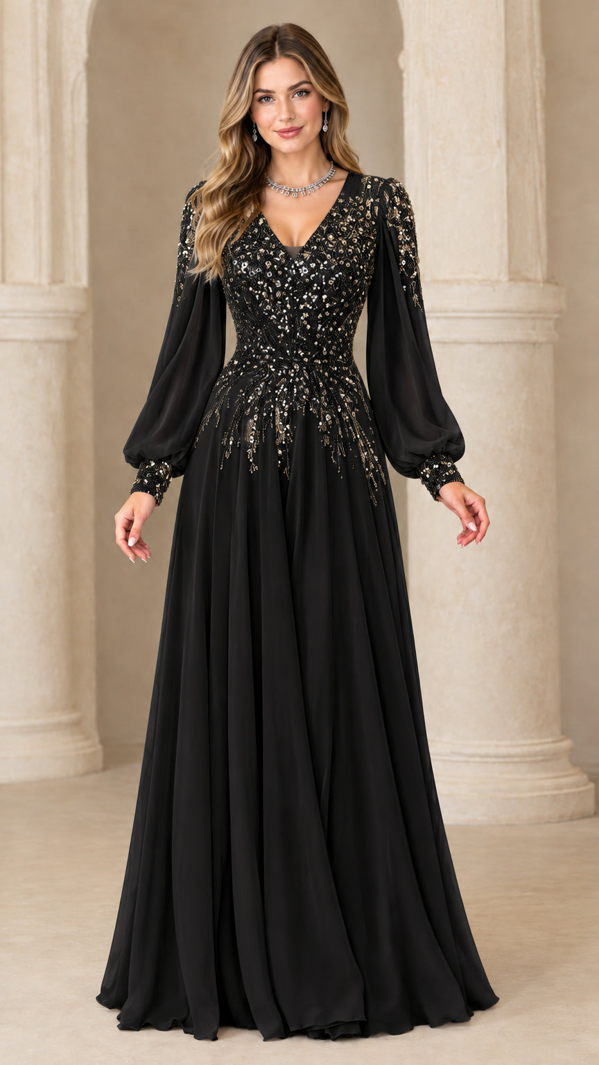 Full-length black sequin bodice long sleeve evening gown