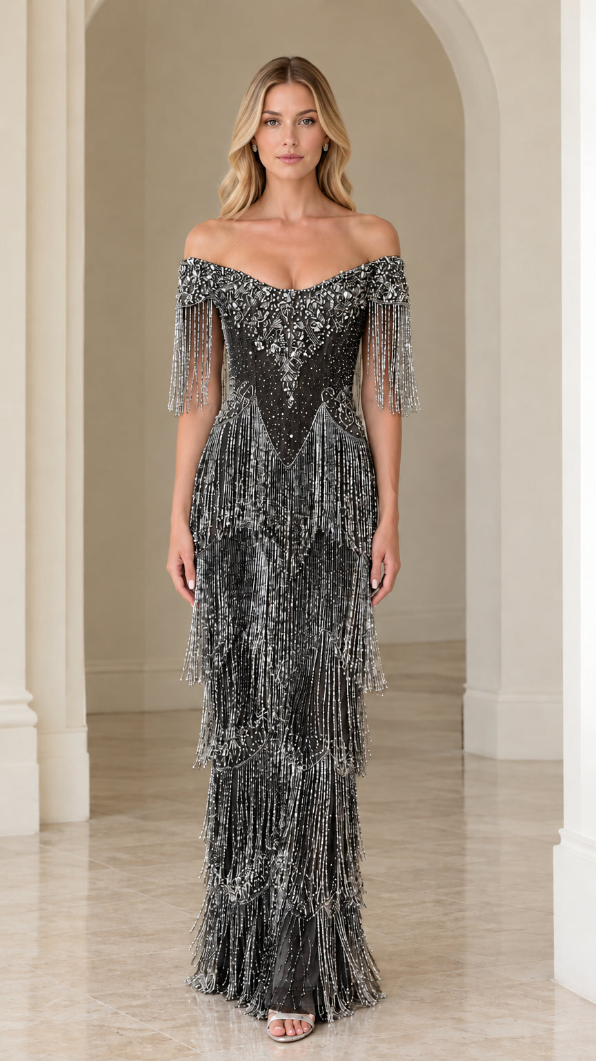 Full-length view of woman wearing black off-the-shoulder beaded fringe evening gown