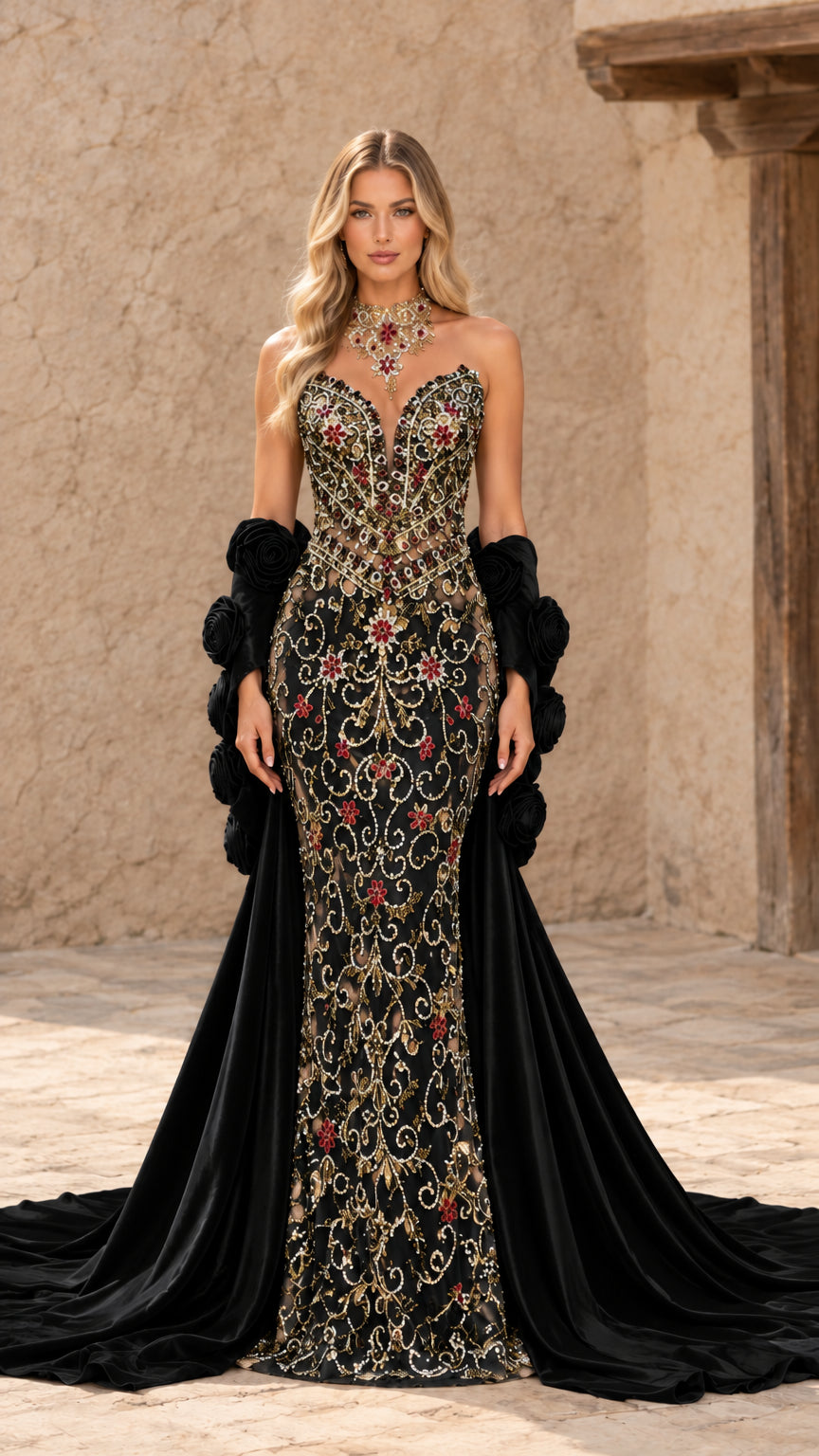 Front view of black beaded evening gown with matching black rosette train