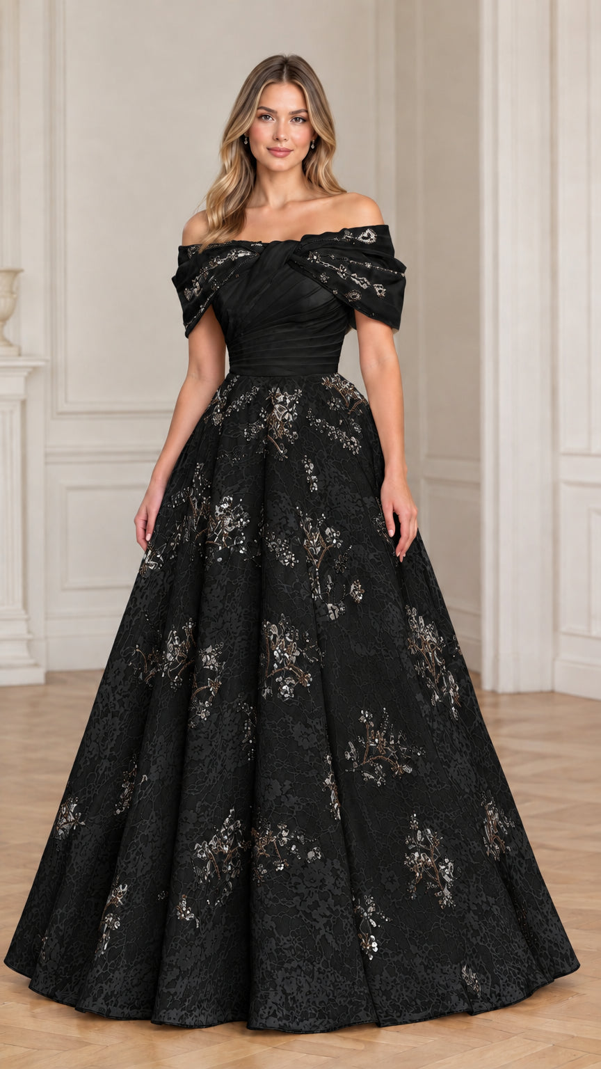 Full front view of model in black off-the-shoulder lace ball gown