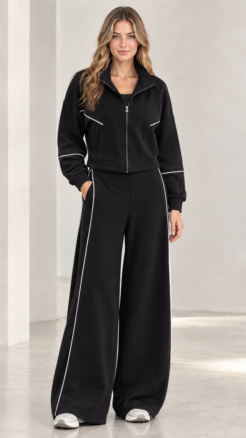 Front view of woman wearing black contrast piping zip-up tracksuit set