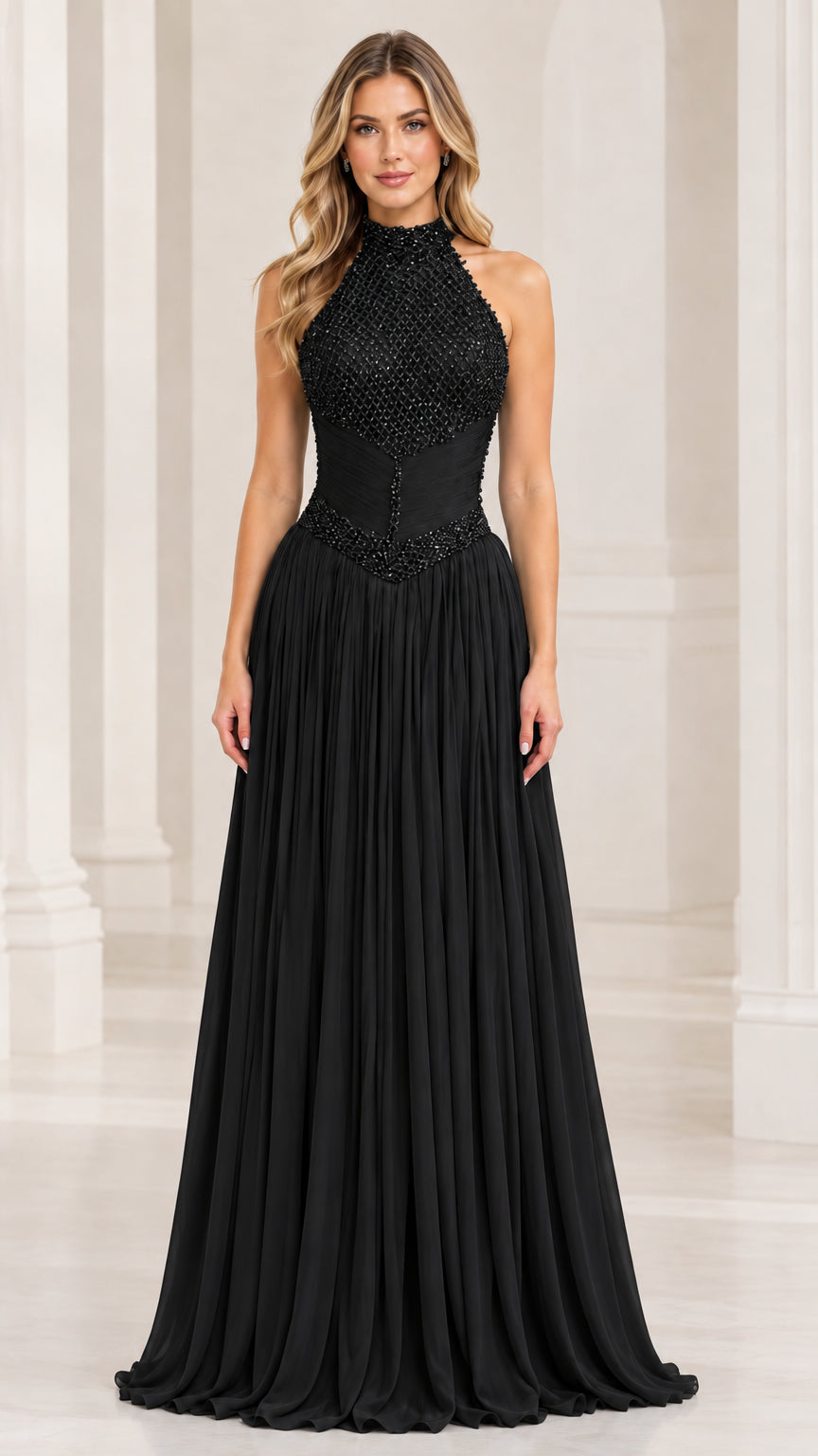 Front view of model wearing a black high-neck halter beaded evening maxi dress