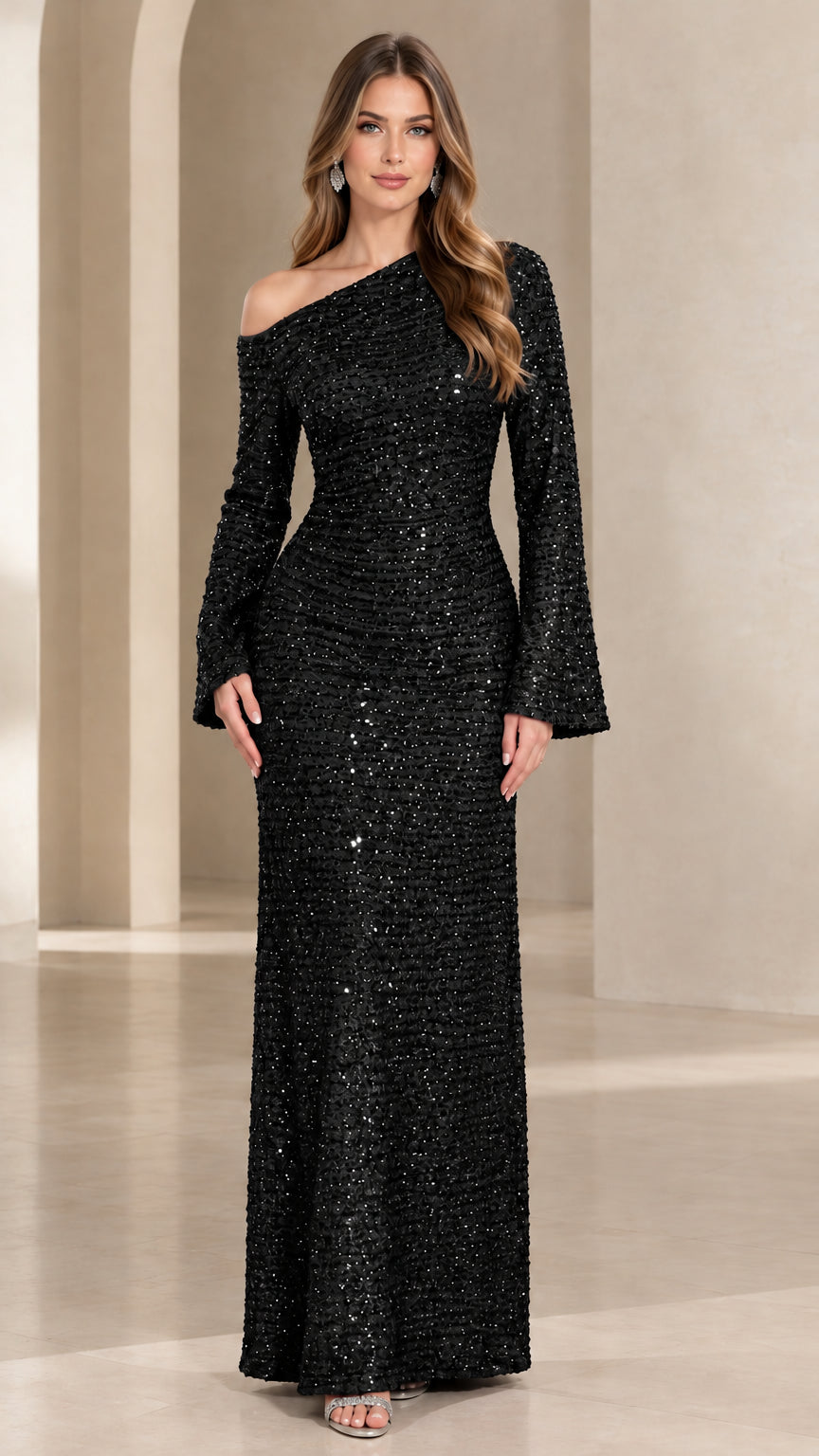 Black one-shoulder sequin maxi formal dress with long flare sleeves