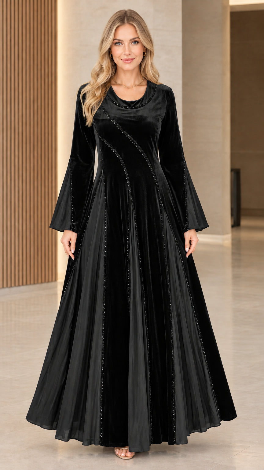 Black velvet cowl neck maxi dress with flared bell sleeves