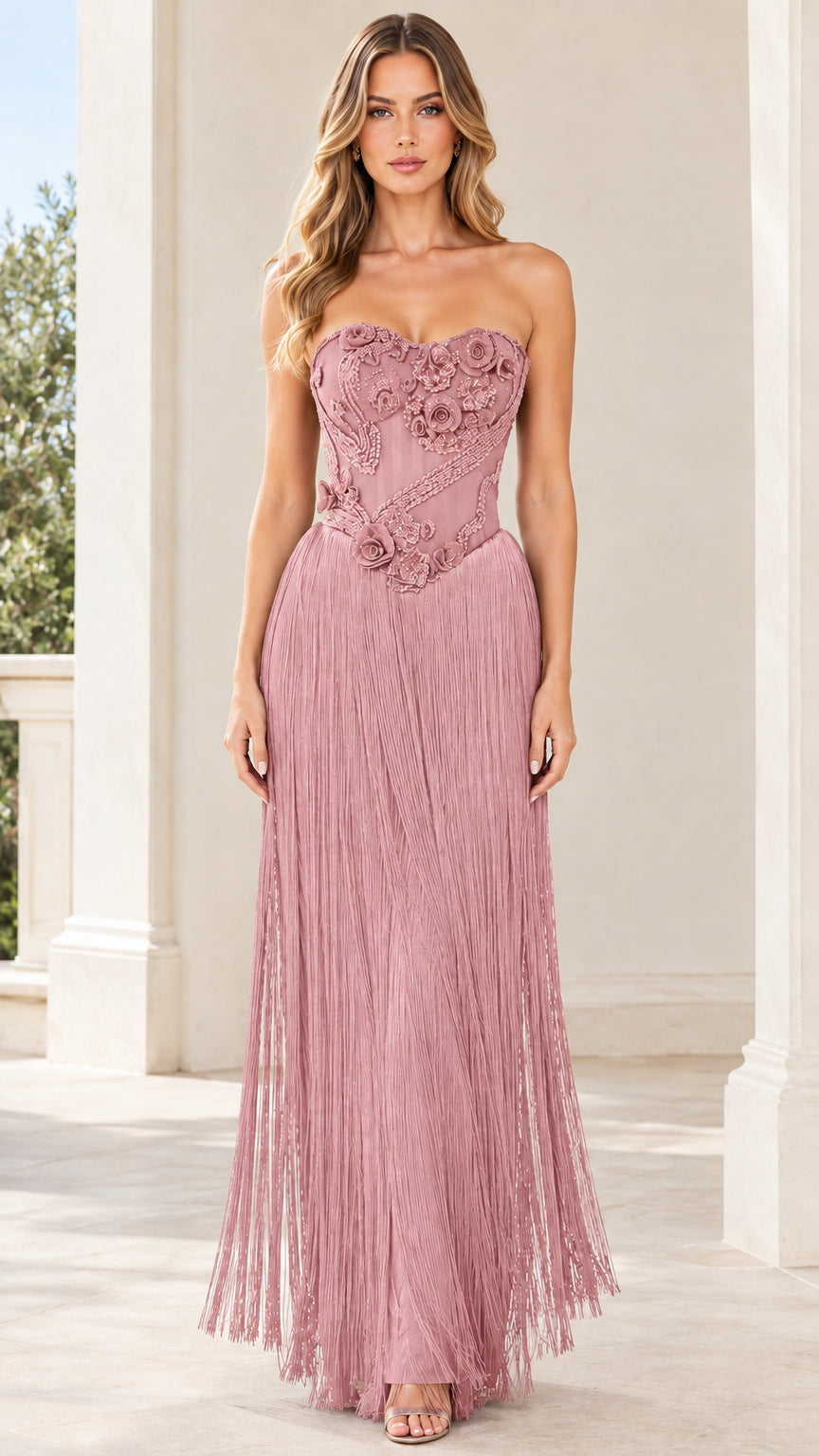 Dusty rose pink strapless corset fringe maxi evening dress