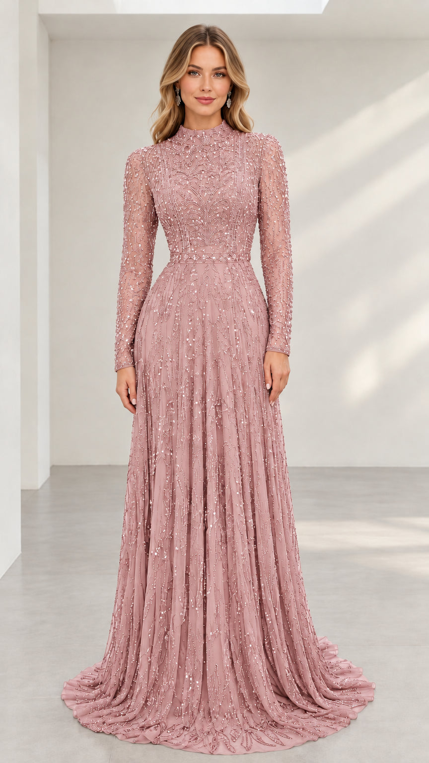 Front view of dusty pink sequined long sleeve floor-length formal dress