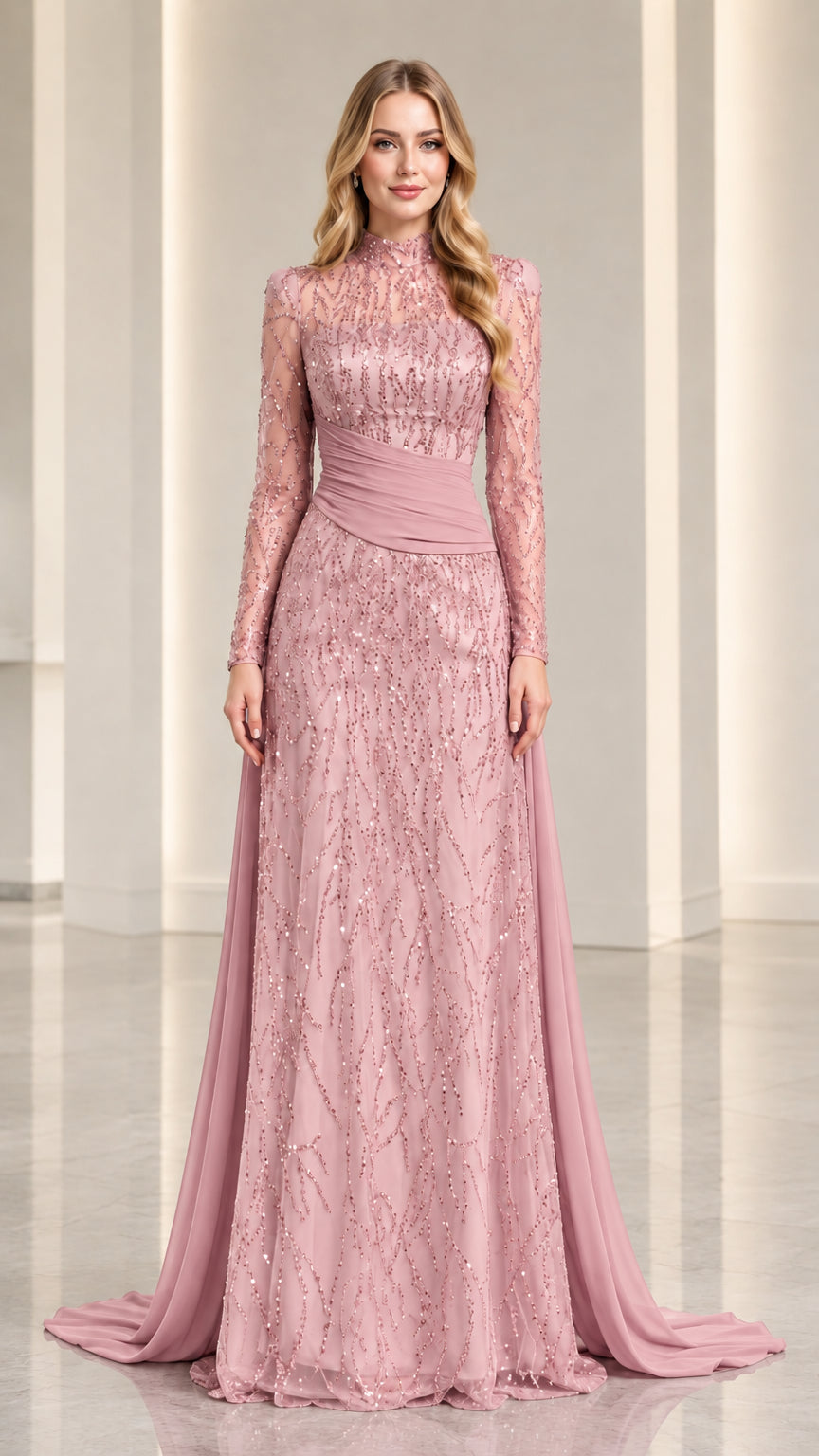 Dusty Rose high neck sequin formal dress with draped waist and sweeping cape
