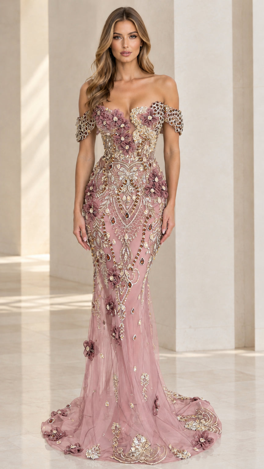 Blush pink beaded off-the-shoulder evening dress with 3D floral details