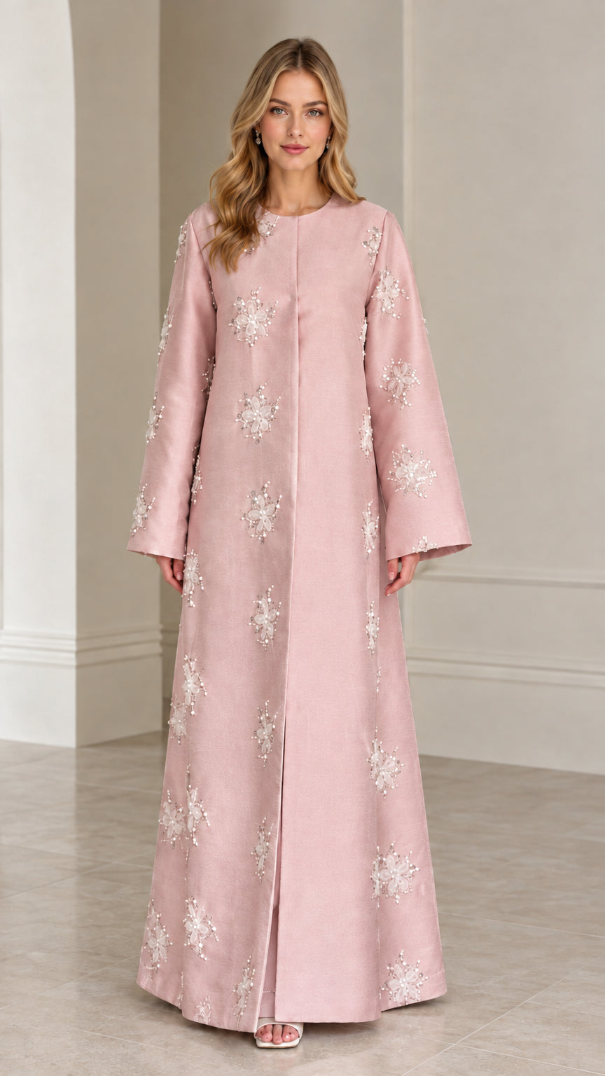 Full front view of Dusty Rose embellished long sleeve modest formal dress