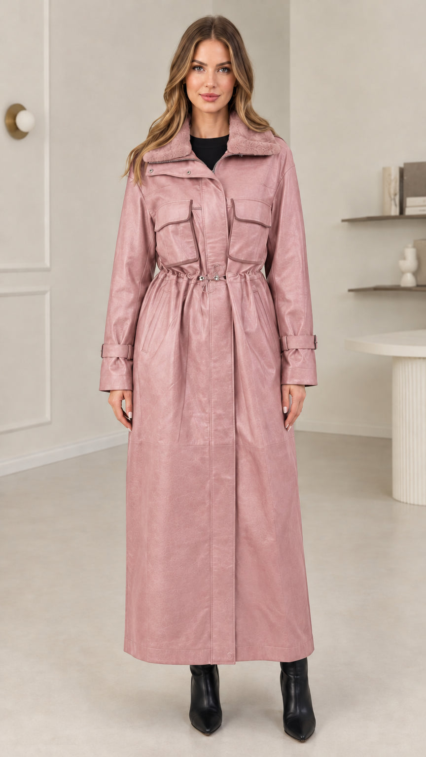 Full-length view of dusty pink faux leather long trench coat with plush collar