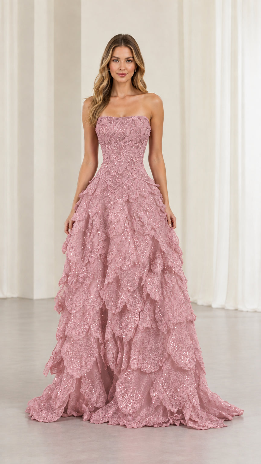 Dusty pink strapless sequin embroidered tiered evening ball gown