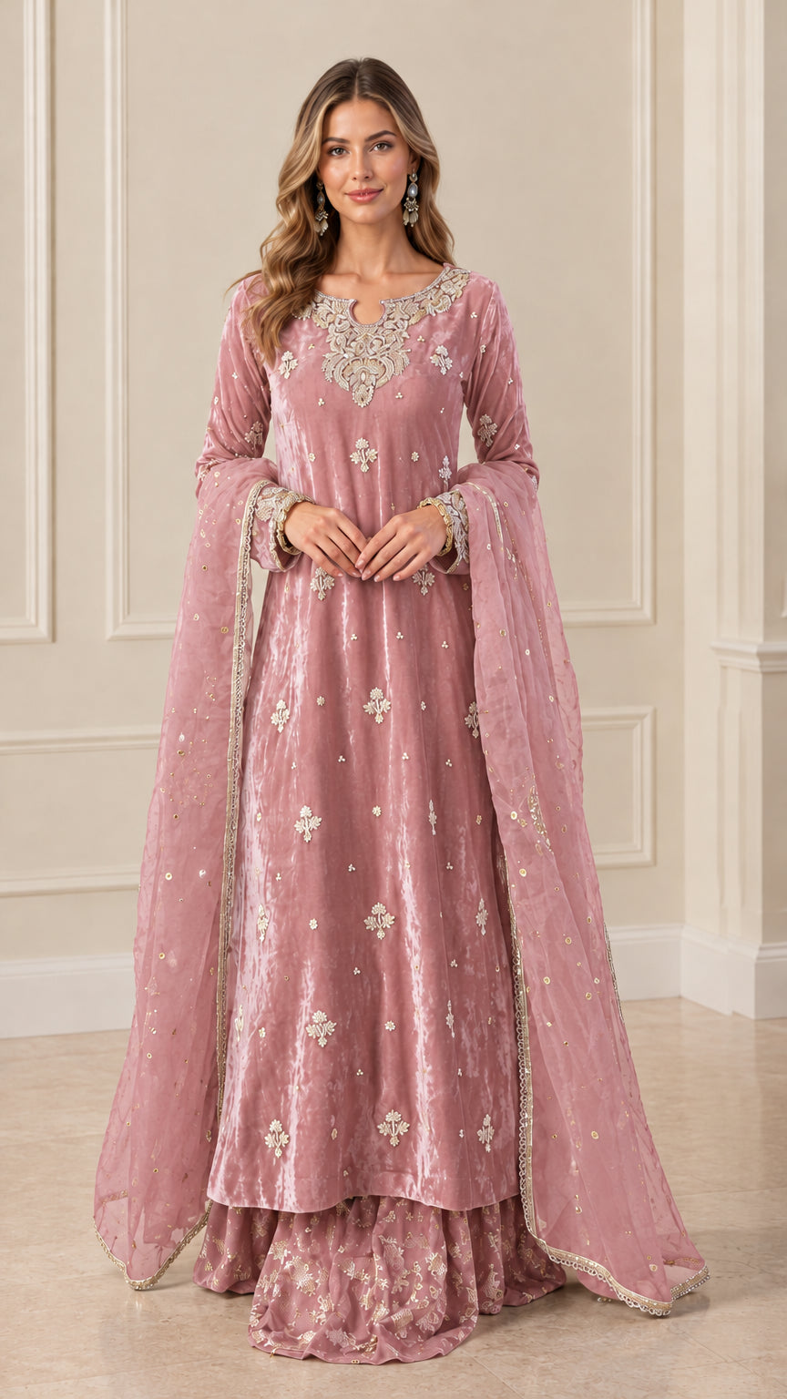 Front view of Dusty Pink embroidered velvet suit set with matching dupatta